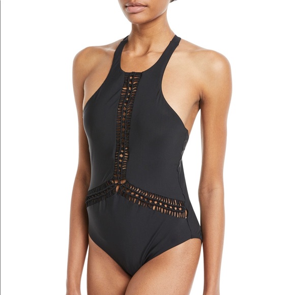 red high neck one piece swimsuit